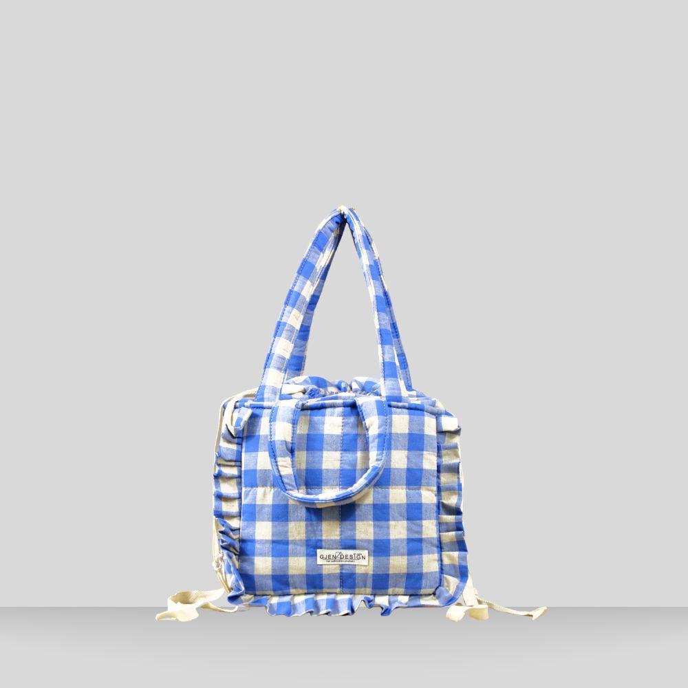 Gingham Lina  Blårutet Medium veske med volanger.