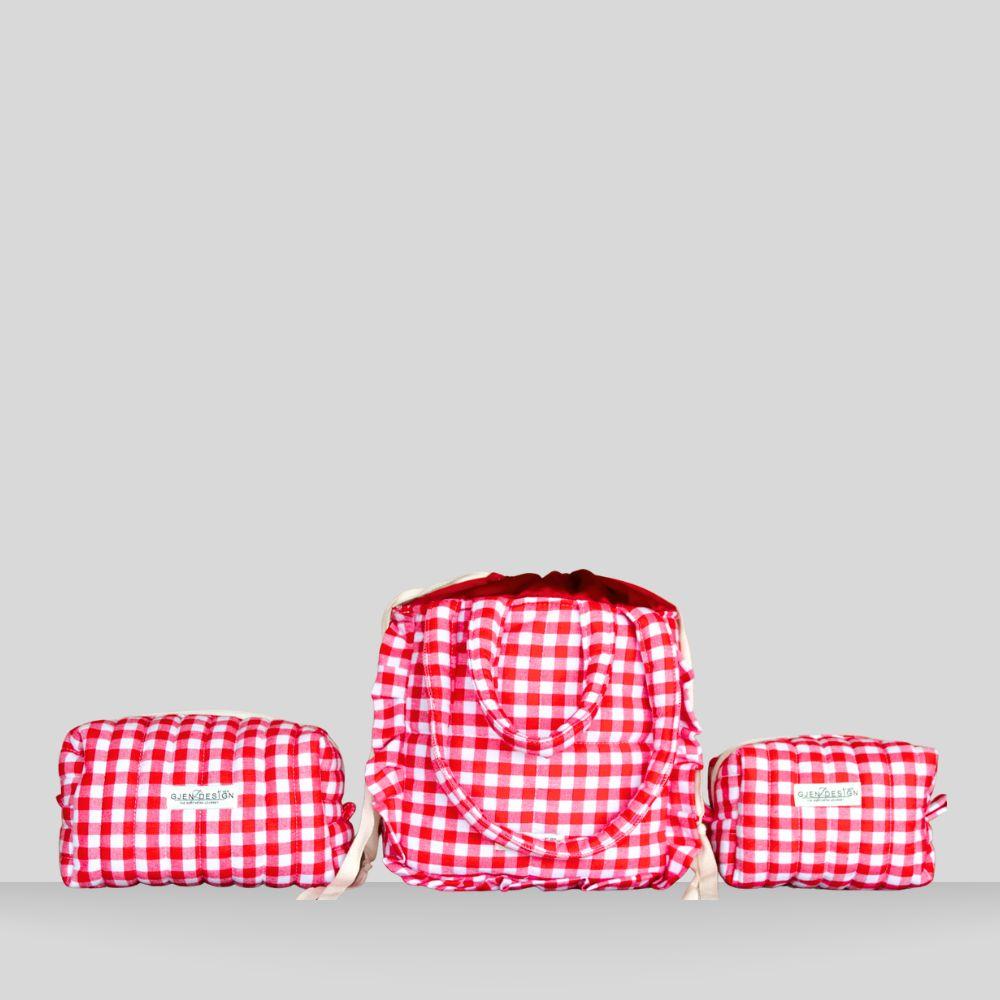 Gingham Lina Rødrutet Medium veske med volanger.