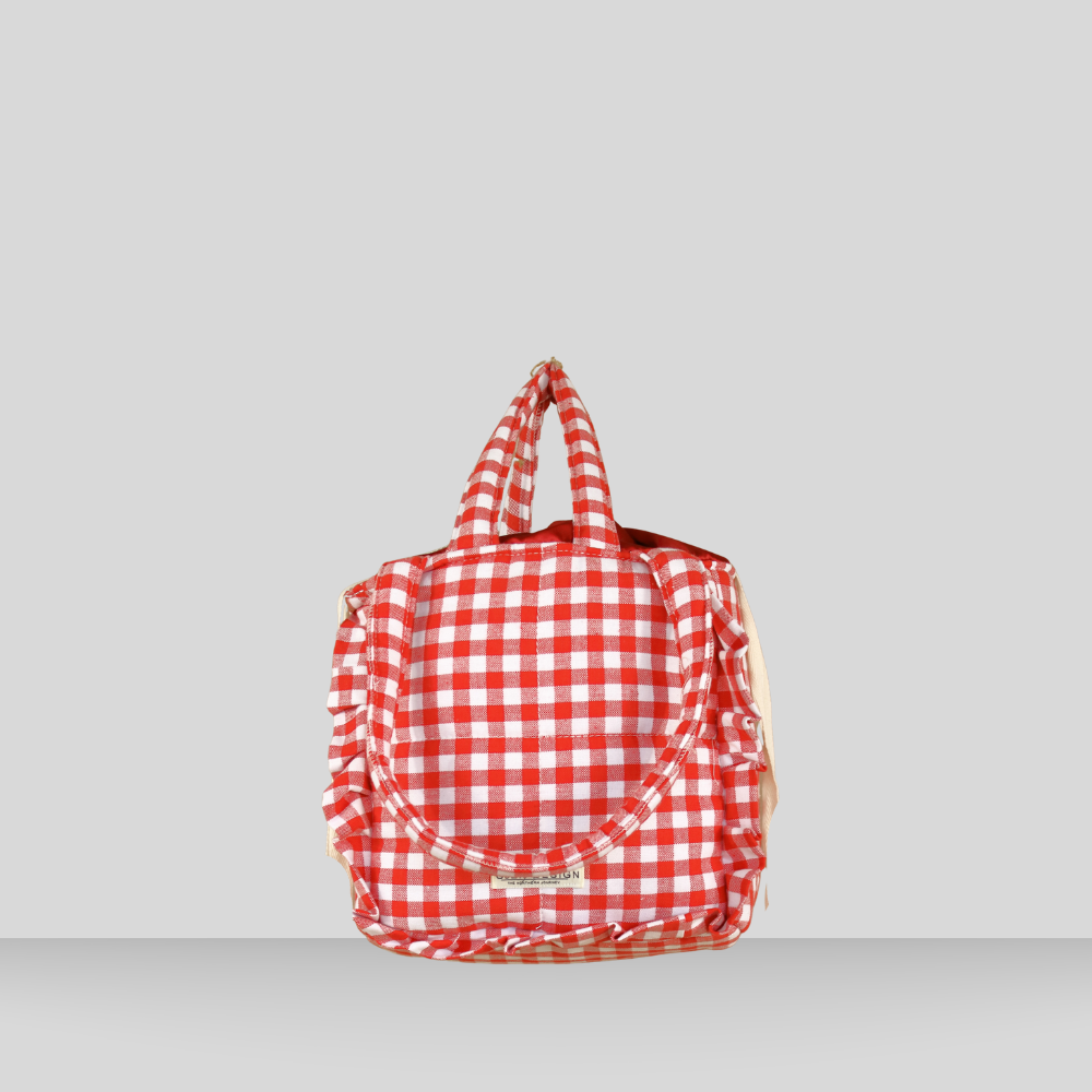 Gingham Lina Rødrutet Medium veske med volanger.