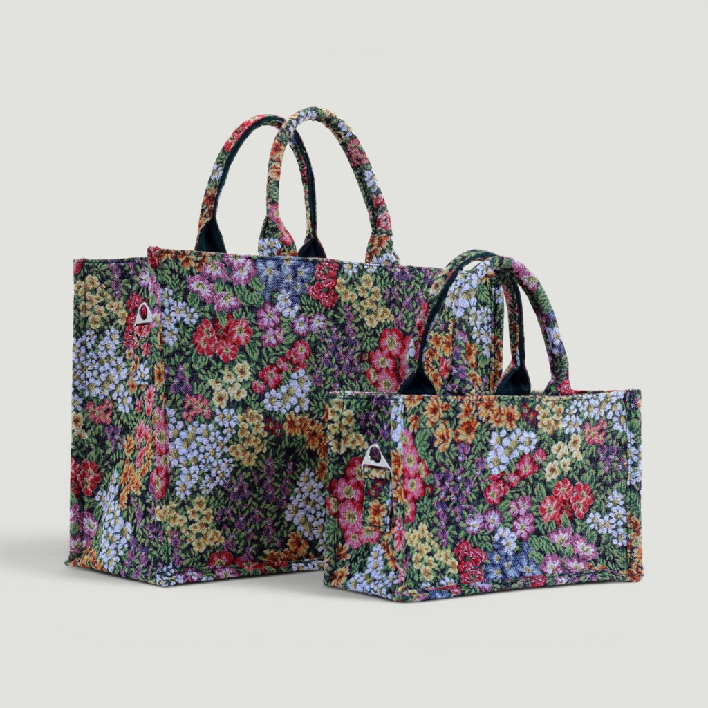 GJEN DESIGN set of two floral tapestry bucket tote bags with vibrant multi-colored flower patterns and sturdy handles