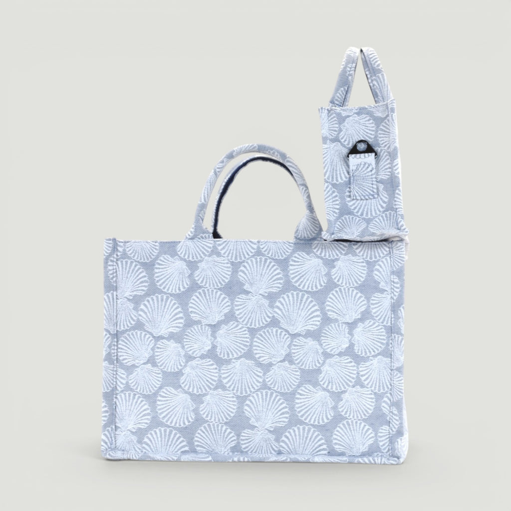 GJEN DESIGN structured tote bag in blue and white seashell print with a matching mini pouch for everyday use.