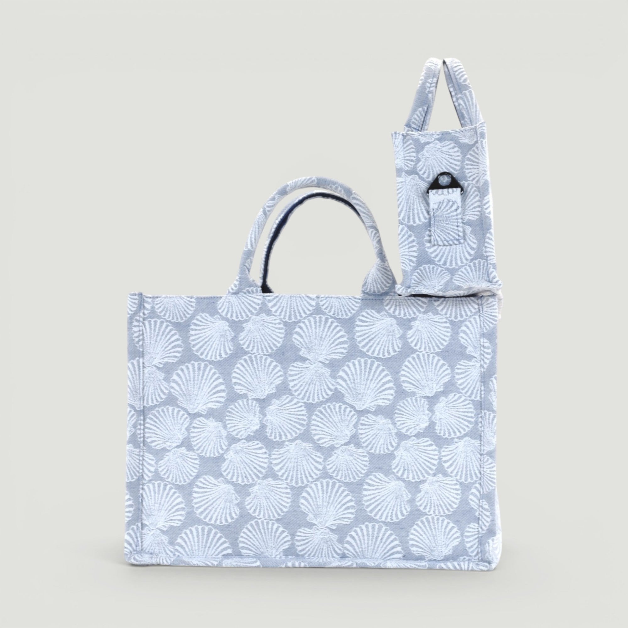 GJEN DESIGN structured tote bag in blue and white seashell print with a matching mini pouch for everyday use.