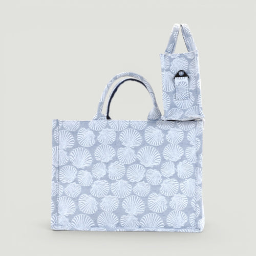 GJEN DESIGN structured tote bag in blue and white seashell print with a matching mini pouch for everyday use.