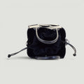 GJEN DESIGN navy blue woven leather bucket handbag with top handles and a secure interior drawstring pouch.