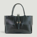 GJEN DESIGN forest green woven leather structured tote handbag with gold-tone buckle closure and top handles.